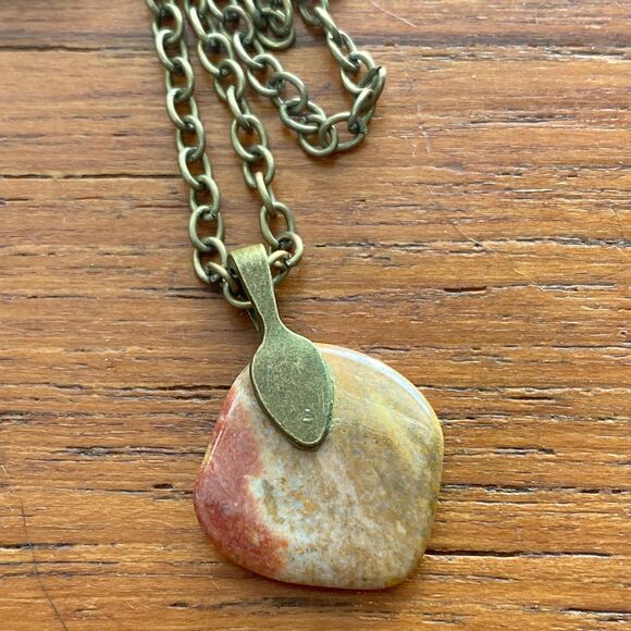 Small Tan and Red Polished Jasper Stone Pendant on Antique Bronze Chain - Picture 3 of 3